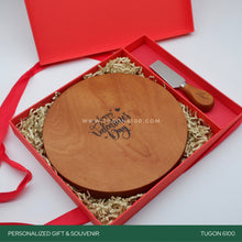 Load image into Gallery viewer, "Cheese Chums Pair" – the perfect duo for delightful moments! This personalized wooden gift set includes a charming cheese board and stylish cutlery. Ideal for corporate events, weddings, Valentine's Day, anniversaries, birthdays, or any special occasion. Elevate your gatherings and create lasting memories with this thoughtful set. It's a tasteful choice for personalized event tokens. Say cheese and share the joy! TUGON 6100 NEGROS OCCIDENTAL