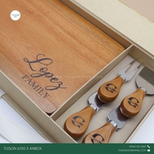 Load image into Gallery viewer, Make your charcuterie board stand out with a personalized touch. Our medium sized "YSA" board (8x11in) comes with your very own name or logo engraving, making it perfect for gifting. And with a set of 4 cheese knives, also engraved with your name or logo, you'll have everything you need for a stylish and delicious charcuterie experience.
Gift Set Incudes:
▪️Charcuterie Board: “YSA” medium size (8x11in) with personalized name/logo engraving.
▪️4 Cheese Knives Set with personalized name/logo engraving.
▪️Cus