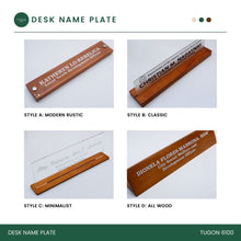 Load image into Gallery viewer, Transform Your Workspace with Unique Wooden Desk Name Plates! Check out our exclusive collection of handcrafted wooden desk name plates! Each piece is uniquely designed to add a touch of elegance and personalization to your office space. These name plates are not just a statement piece but also a reflection of your style and professionalism. Ideal for: Corporate gifts, anniversary presents, office gifts, birthday surprises, and more.