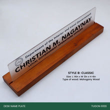 Load image into Gallery viewer, Transform Your Workspace with Unique Wooden Desk Name Plates! Check out our exclusive collection of handcrafted wooden desk name plates! Each piece is uniquely designed to add a touch of elegance and personalization to your office space. These name plates are not just a statement piece but also a reflection of your style and professionalism. Ideal for: Corporate gifts, anniversary presents, office gifts, birthday surprises, and more.