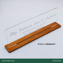 Load image into Gallery viewer, Transform Your Workspace with Unique Wooden Desk Name Plates! Check out our exclusive collection of handcrafted wooden desk name plates! Each piece is uniquely designed to add a touch of elegance and personalization to your office space. These name plates are not just a statement piece but also a reflection of your style and professionalism. Ideal for: Corporate gifts, anniversary presents, office gifts, birthday surprises, and more.