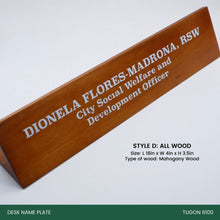 Load image into Gallery viewer, Transform Your Workspace with Unique Wooden Desk Name Plates! Check out our exclusive collection of handcrafted wooden desk name plates! Each piece is uniquely designed to add a touch of elegance and personalization to your office space. These name plates are not just a statement piece but also a reflection of your style and professionalism. Ideal for: Corporate gifts, anniversary presents, office gifts, birthday surprises, and more.