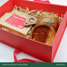 Load image into Gallery viewer, "Coffee Bliss Trio" – the ultimate treat for coffee lovers! This personalized wooden gift trio includes coffee beans from Coffee Culture, a wooden coffee mug, and a wooden coaster. Perfect for corporate events, weddings, Valentine's Day, anniversaries, birthdays, or any special occasion. Elevate your coffee experience and share the joy with this delightful set. It's a thoughtful choice for personalized event tokens. Brew happiness. ☕ TUGON 6100 NEGROS OCCIDENTAL