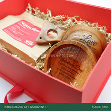 Load image into Gallery viewer, "Coffee Bliss Trio" – the ultimate treat for coffee lovers! This personalized wooden gift trio includes coffee beans from Coffee Culture, a wooden coffee mug, and a wooden coaster. Perfect for corporate events, weddings, Valentine's Day, anniversaries, birthdays, or any special occasion. Elevate your coffee experience and share the joy with this delightful set. It's a thoughtful choice for personalized event tokens. Brew happiness. ☕ TUGON 6100 NEGROS OCCIDENTAL