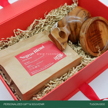 Load image into Gallery viewer, "Coffee Bliss Trio" – the ultimate treat for coffee lovers! This personalized wooden gift trio includes coffee beans from Coffee Culture, a wooden coffee mug, and a wooden coaster. Perfect for corporate events, weddings, Valentine's Day, anniversaries, birthdays, or any special occasion. Elevate your coffee experience and share the joy with this delightful set. It's a thoughtful choice for personalized event tokens. Brew happiness. ☕ TUGON 6100 NEGROS OCCIDENTAL