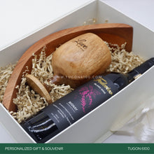 Load image into Gallery viewer, "Toast and Taste Set" - a perfect trio for celebrations! This personalized wooden gift features a wine glass, a stylish wine holder, and a bottle of wine from Frederico's. Ideal for corporate events, weddings, Valentine's Day, anniversaries, birthdays, or any special occasion. Elevate your moments with this charming set, perfect for memorable event tokens. Cheers to personalized joy! TUGON 6100 NEGROS OCCIDENTAL