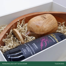 Load image into Gallery viewer, "Toast and Taste Set" - a perfect trio for celebrations! This personalized wooden gift features a wine glass, a stylish wine holder, and a bottle of wine from Frederico's. Ideal for corporate events, weddings, Valentine's Day, anniversaries, birthdays, or any special occasion. Elevate your moments with this charming set, perfect for memorable event tokens. Cheers to personalized joy! TUGON 6100 NEGROS OCCIDENTAL