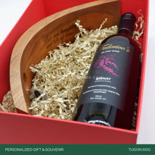Load image into Gallery viewer, "Wine Warmth Set" – the perfect blend of style and taste for special moments! This personalized wooden gift set includes a charming wine holder and a delightful bottle of wine. Ideal for corporate events, weddings, Valentine's Day, anniversaries, birthdays, or any celebration. Elevate your toasts and create lasting memories with this thoughtful set. It's a splendid choice for personalized event tokens. Cheers to warmth and wonderful moments. TUGON 6100 NEGROS OCCIDENTAL