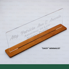 Load image into Gallery viewer, “Personalized wooden desk name plate for office desk”
“Custom desk name plate with engraved name and title”
“Office desk name sign made from premium wood”
“Modern desk name plate for professional workspace”