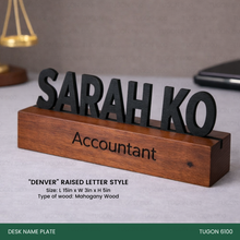 Load image into Gallery viewer, “Personalized wooden desk name plate for office desk”
“Custom desk name plate with engraved name and title”
“Office desk name sign made from premium wood”
“Modern desk name plate for professional workspace”