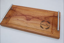 Load image into Gallery viewer, This handmade rectangular tray gives you a beautiful way to serve your steaks. It has grooves on the sides to catch the steak&#39;s juices and it has handles for easy hold. A perfect idea for holiday gifts, wedding souvenirs.  Made of: Mahogany Wood Dimension: 8 in wide, 15 in long, 0.75 in thick  With FREE custom design of your choice. For your preferred design, please contact us on our facebook page, Tugon 6100.  LEAD TIME: 7-10 BUSINESS DAYS. We accept bulk orders. - TUGON 6100
