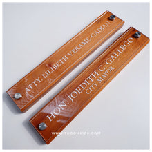 Load image into Gallery viewer, Transform Your Workspace with Unique Wooden Desk Name Plates! Check out our exclusive collection of handcrafted wooden desk name plates! Each piece is uniquely designed to add a touch of elegance and personalization to your office space. These name plates are not just a statement piece but also a reflection of your style and professionalism. Ideal for: Corporate gifts, anniversary presents, office gifts, birthday surprises, and more.