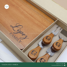 Load image into Gallery viewer, Make your charcuterie board stand out with a personalized touch. Our medium sized &quot;YSA&quot; board (8x11in) comes with your very own name or logo engraving, making it perfect for gifting. And with a set of 4 cheese knives, also engraved with your name or logo, you&#39;ll have everything you need for a stylish and delicious charcuterie experience.

Gift Set Incudes:
▪️Charcuterie Board: “YSA” medium size (8x11in) with personalized name/logo engraving.
▪️4 Cheese Knives Set with personalized name/logo engraving.
▪️Cus
