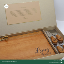 Load image into Gallery viewer, Make your charcuterie board stand out with a personalized touch. Our medium sized &quot;YSA&quot; board (8x11in) comes with your very own name or logo engraving, making it perfect for gifting. And with a set of 4 cheese knives, also engraved with your name or logo, you&#39;ll have everything you need for a stylish and delicious charcuterie experience.

Gift Set Incudes:
▪️Charcuterie Board: “YSA” medium size (8x11in) with personalized name/logo engraving.
▪️4 Cheese Knives Set with personalized name/logo engraving.
▪️Cus
