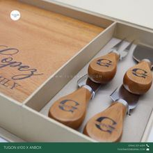 Load image into Gallery viewer, Make your charcuterie board stand out with a personalized touch. Our medium sized &quot;YSA&quot; board (8x11in) comes with your very own name or logo engraving, making it perfect for gifting. And with a set of 4 cheese knives, also engraved with your name or logo, you&#39;ll have everything you need for a stylish and delicious charcuterie experience.

Gift Set Incudes:
▪️Charcuterie Board: “YSA” medium size (8x11in) with personalized name/logo engraving.
▪️4 Cheese Knives Set with personalized name/logo engraving.
▪️Cus
