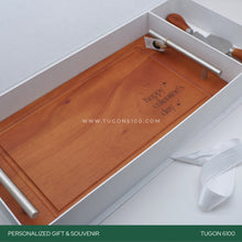 Load image into Gallery viewer, &quot;Grazing Goodness Set&quot; - a classy addition to any celebration. The steak board is crafted for both style and practicality, providing a fantastic backdrop for your favorite cuts. The four cutlery pieces add a touch of elegance to your dining experience.  Whether it&#39;s for a corporate event, wedding, Valentine&#39;s Day, anniversary, birthday, or any special moment, our set makes for unforgettable event tokens. Crafted with care, it&#39;s a charming and thoughtful way to celebrate life&#39;s moments. TUGON 6100
