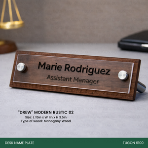 Personalized Wood & Brass Desk Name Plate – Black Piano Finish, Free Standing