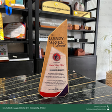 Load image into Gallery viewer, Custom wooden award plaque crafted from premium wood, designed for employee recognition, corporate awards, appreciation ceremonies, and special events in Bacolod City.
