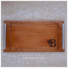 Load image into Gallery viewer, This handmade rectangular tray gives you a beautiful way to serve your steaks. It has grooves on the sides to catch the steak&#39;s juices and it has handles for easy hold. A perfect idea for holiday gifts, wedding souvenirs.  Made of: Mahogany Wood Dimension: 8 in wide, 15 in long, 0.75 in thick  With FREE custom design of your choice. For your preferred design, please contact us on our facebook page, Tugon 6100.  LEAD TIME: 7-10 BUSINESS DAYS. We accept bulk orders.
