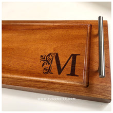 Load image into Gallery viewer, This handmade rectangular tray gives you a beautiful way to serve your steaks. It has grooves on the sides to catch the steak&#39;s juices and it has handles for easy hold. A perfect idea for holiday gifts, wedding souvenirs.  Made of: Mahogany Wood Dimension: 8 in wide, 15 in long, 0.75 in thick  With FREE custom design of your choice. For your preferred design, please contact us on our facebook page, Tugon 6100.  LEAD TIME: 7-10 BUSINESS DAYS. We accept bulk orders.
