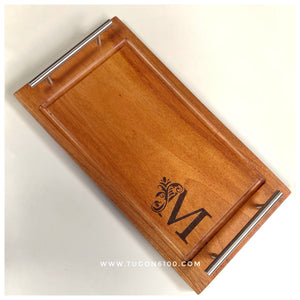This handmade rectangular tray gives you a beautiful way to serve your steaks. It has grooves on the sides to catch the steak's juices and it has handles for easy hold. A perfect idea for holiday gifts, wedding souvenirs.  Made of: Mahogany Wood Dimension: 8 in wide, 15 in long, 0.75 in thick  With FREE custom design of your choice. For your preferred design, please contact us on our facebook page, Tugon 6100.  LEAD TIME: 7-10 BUSINESS DAYS. We accept bulk orders. - TUGON 6100