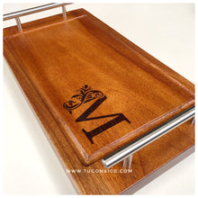 Load image into Gallery viewer, This handmade rectangular tray gives you a beautiful way to serve your steaks. It has grooves on the sides to catch the steak&#39;s juices and it has handles for easy hold. A perfect idea for holiday gifts, wedding souvenirs.  Made of: Mahogany Wood Dimension: 8 in wide, 15 in long, 0.75 in thick  With FREE custom design of your choice. For your preferred design, please contact us on our facebook page, Tugon 6100.  LEAD TIME: 7-10 BUSINESS DAYS. We accept bulk orders. - TUGON 6100
